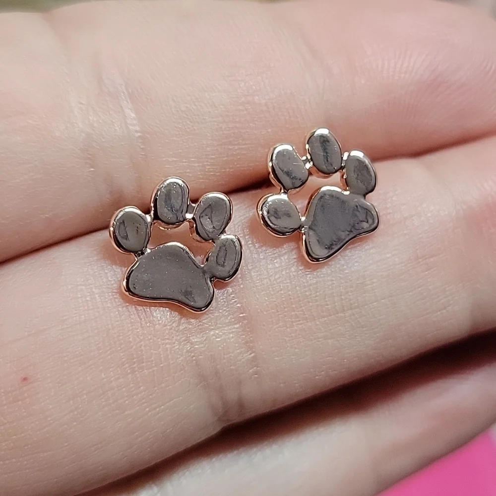 Rose Gold Pawprint Stud Earrings - Picture 3 of 7